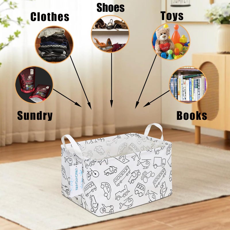 LANGYASHAN Rectangular Storage Bin Collapse Canvas Fabric Cartoon Storage Basket with Handles for Organizing Home Kitchen Boys and Girls Toys Office Closet Shelf Baskets (Rec Vehicle) - Image 4